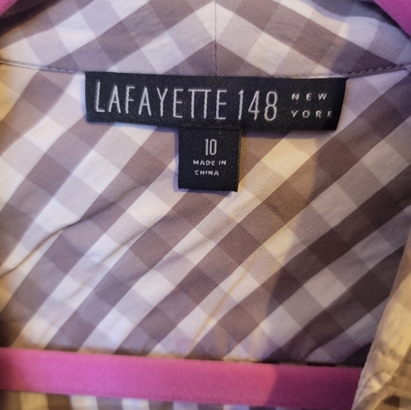 Lafayette 148 Taupe and Cream Plaid Gingham Button Down Blouse size 10 - Picture 2 of 9